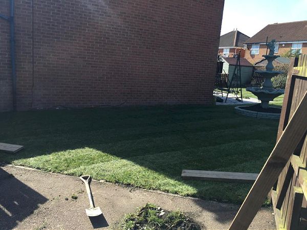 Old lawn taking up and new turf put down.